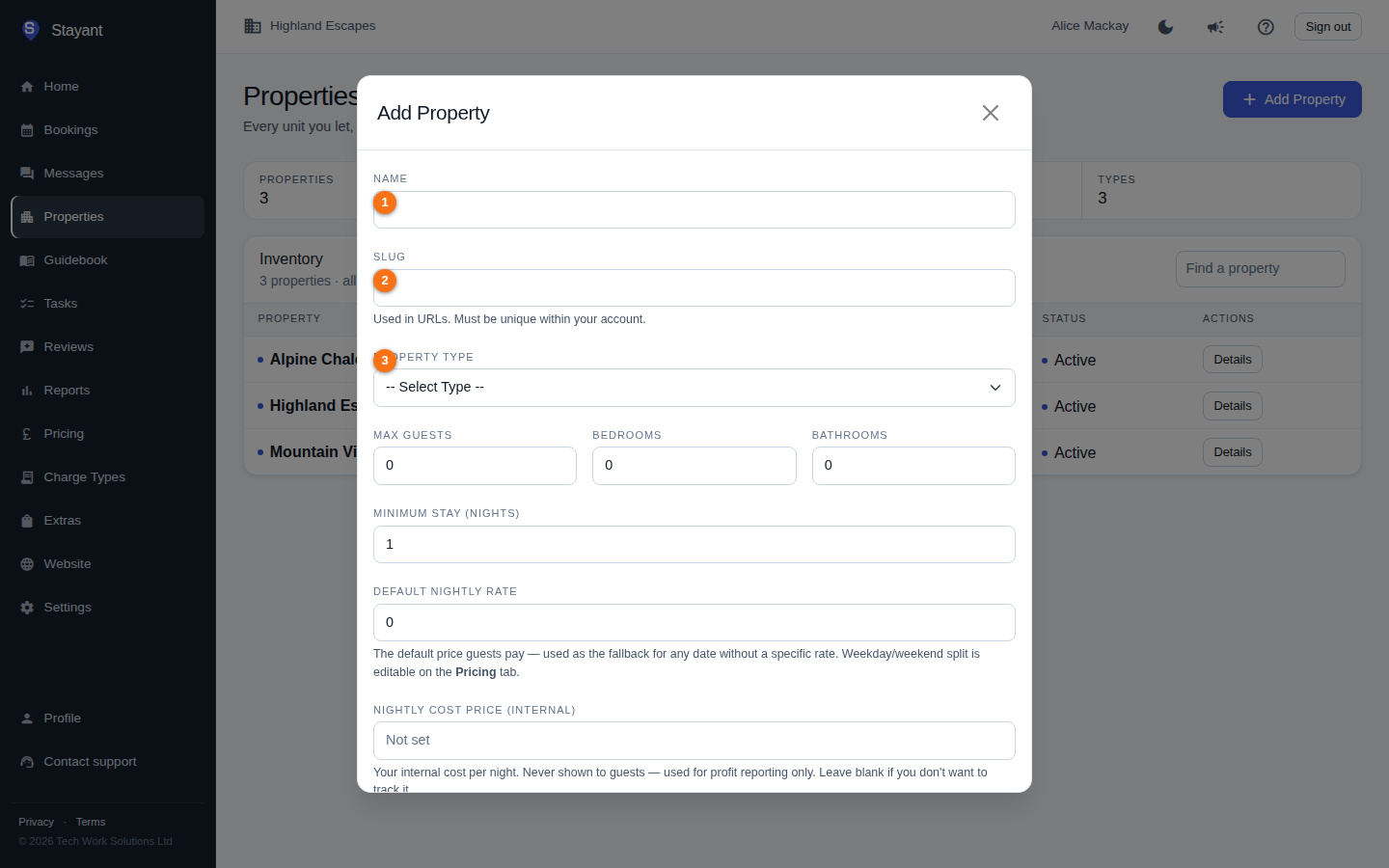The Add Property form showing the Name, Slug, and Property Type fields