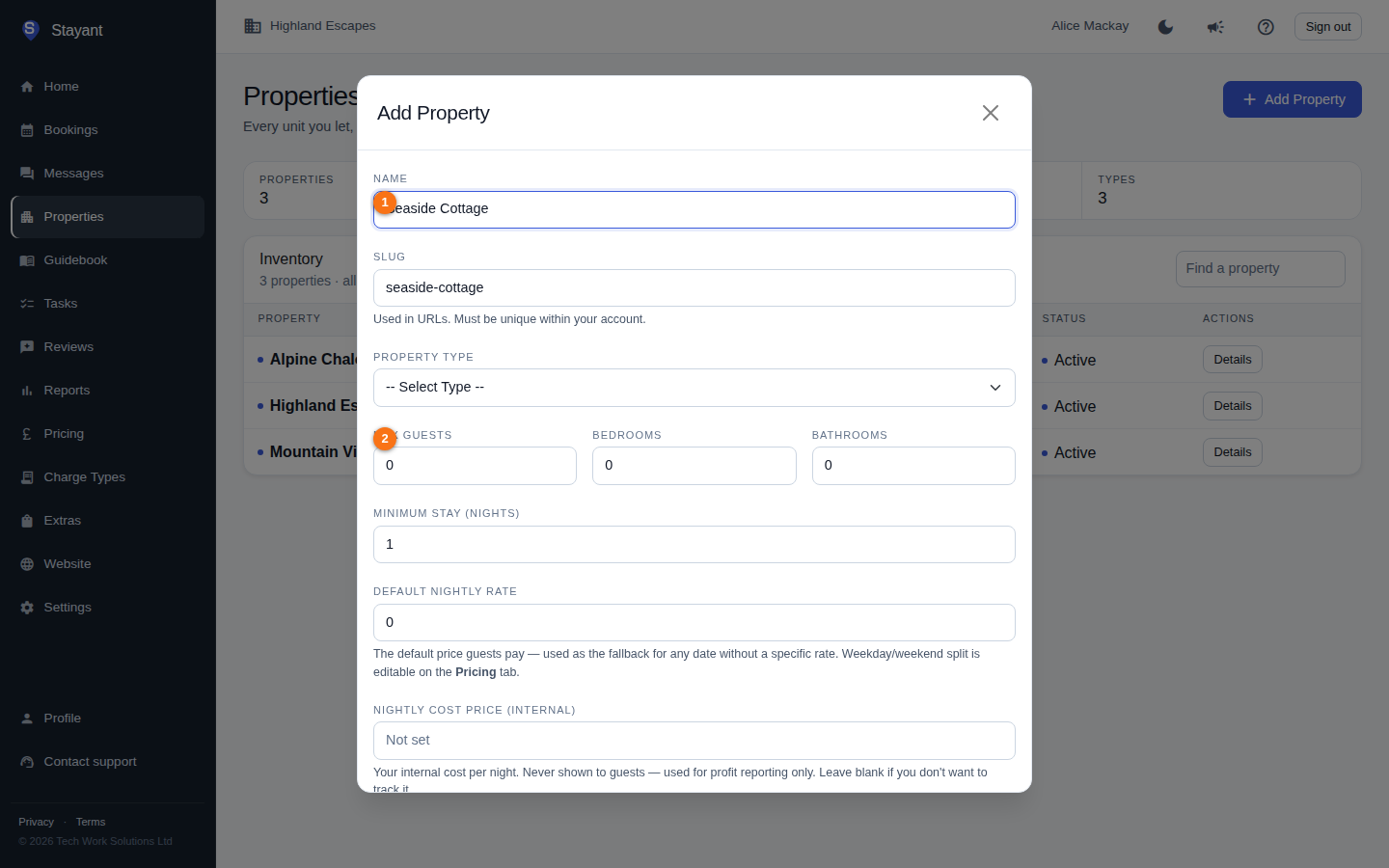 The form with a property name filled in