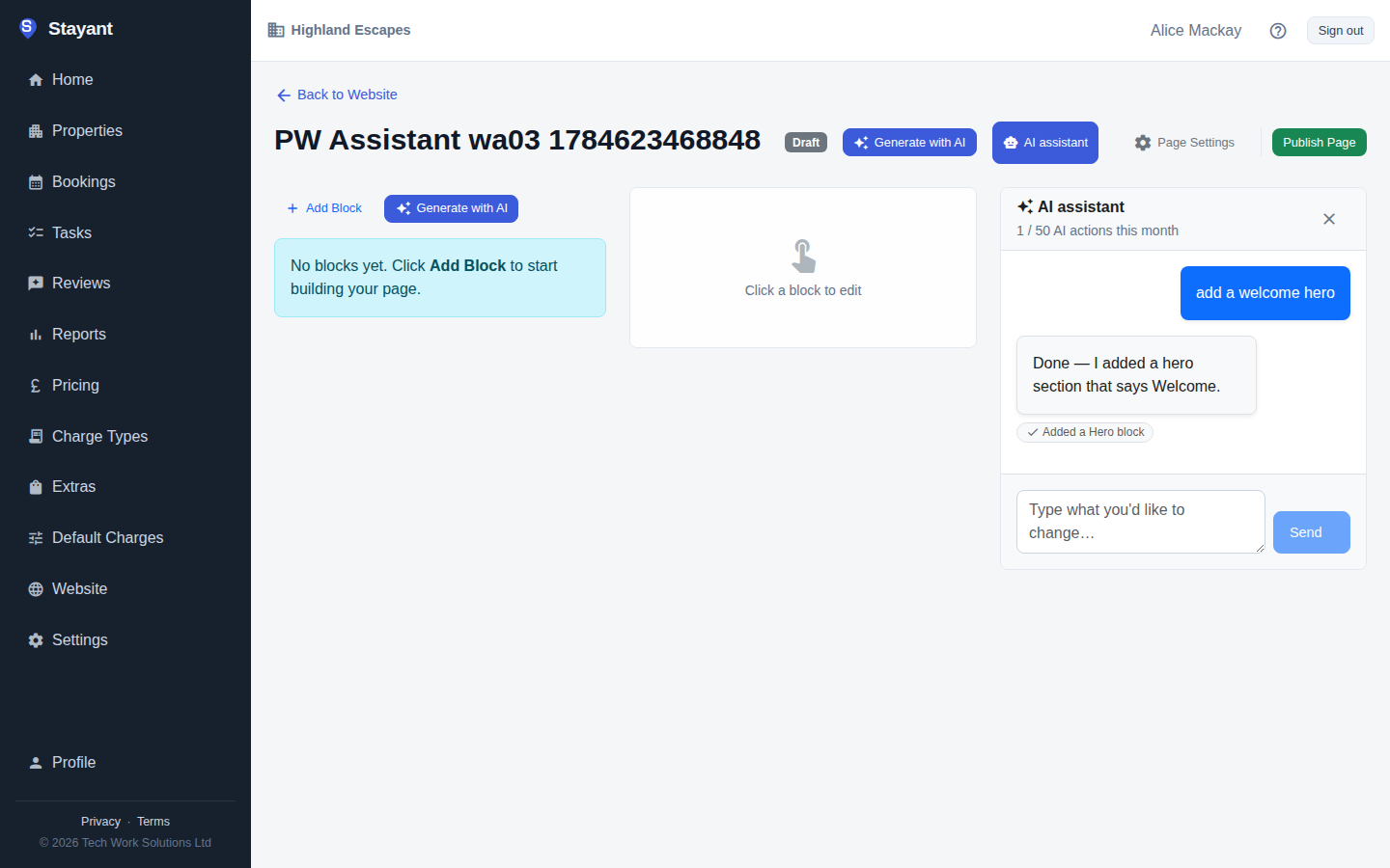 The AI assistant docked beside the page editor, showing a request, the assistant's reply, and the change it made