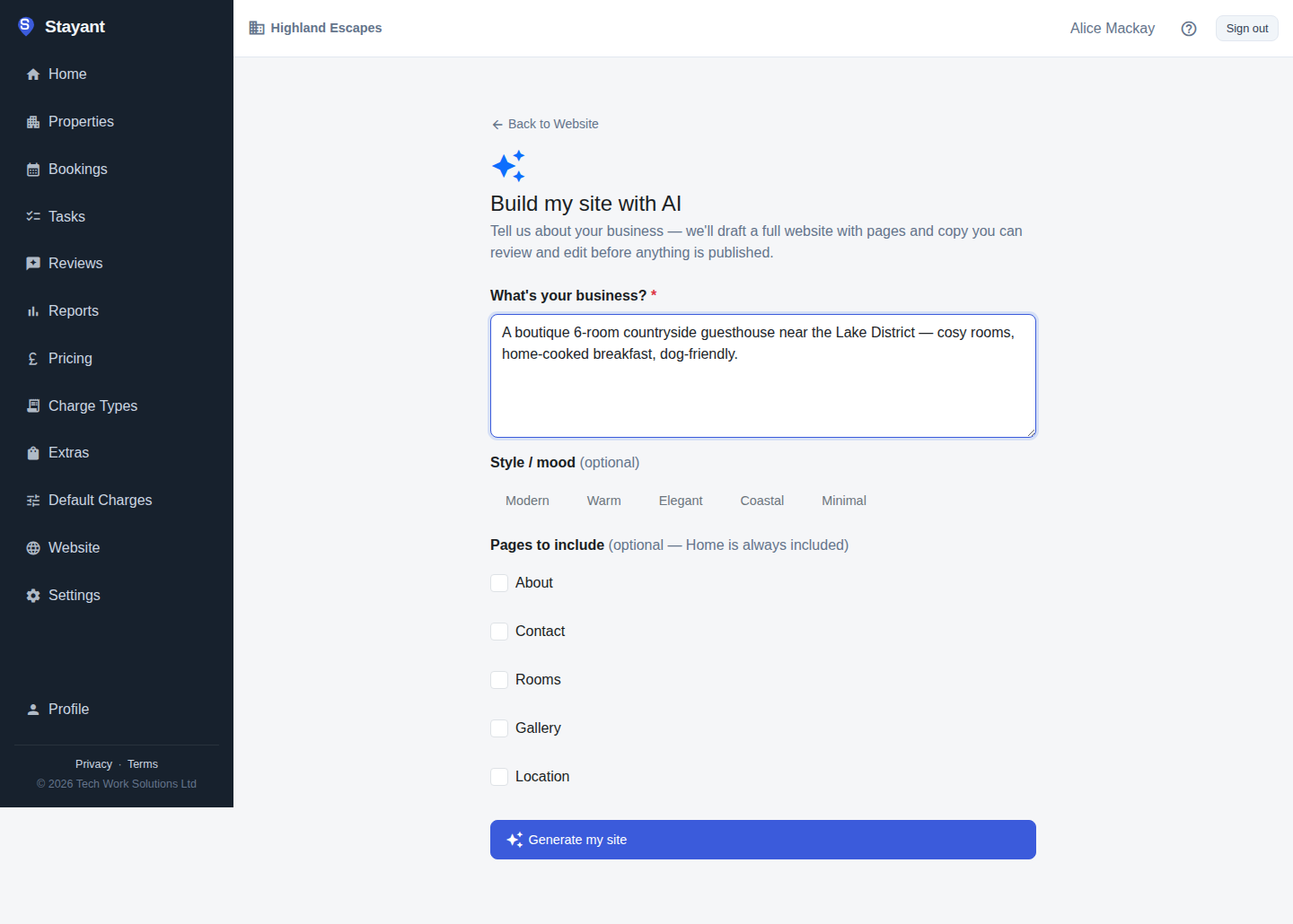 The Build-with-AI intake form — describe your business, pick a style, choose pages