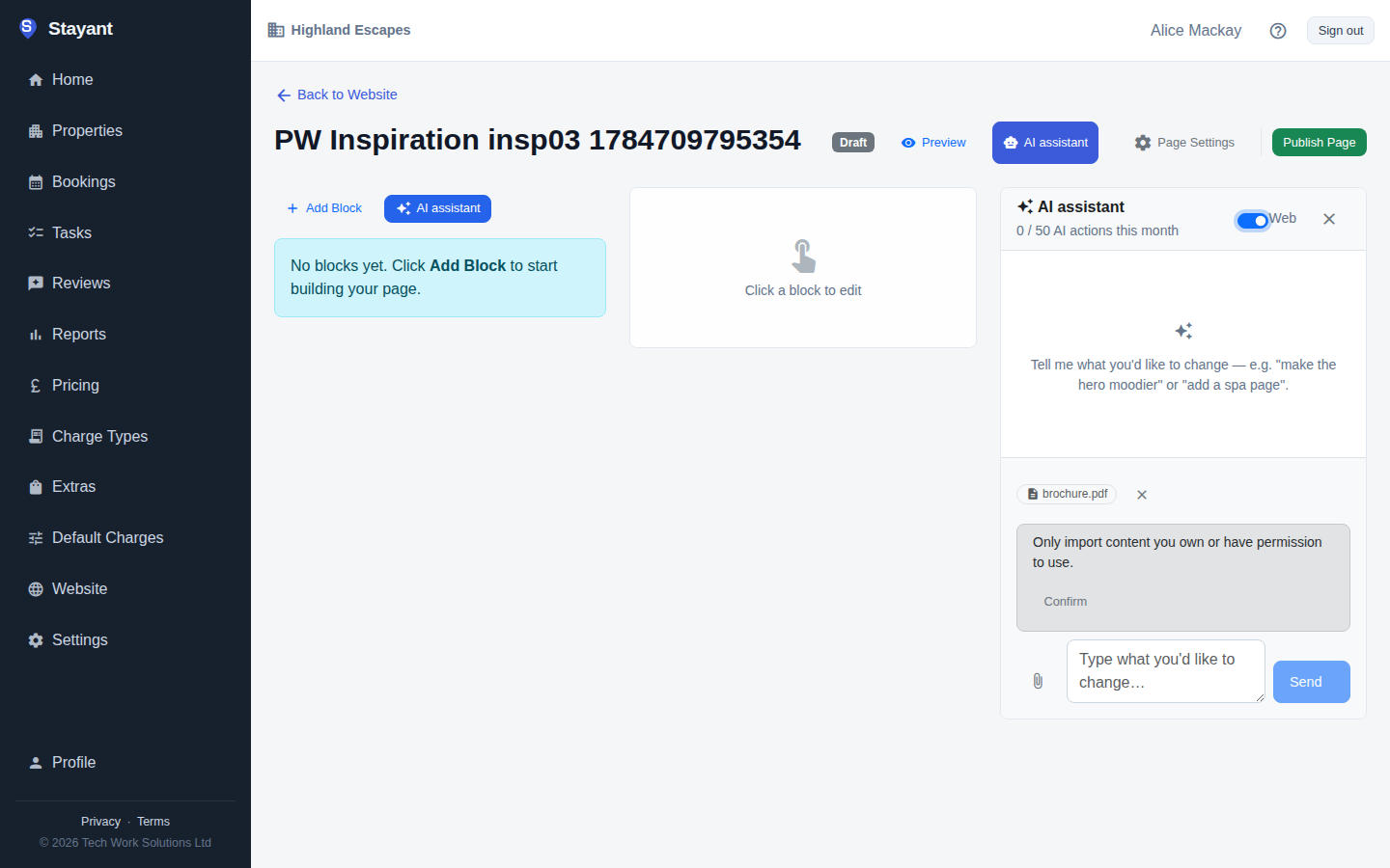 The assistant with Web access on, an attached brochure, and the ownership confirmation