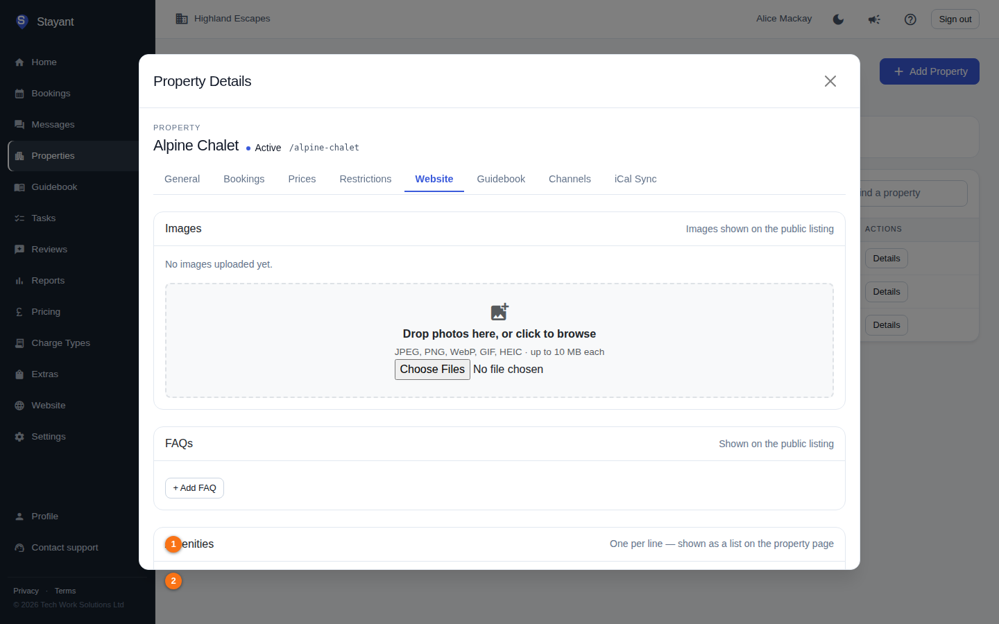 The Amenities section on the Website tab, with the amenities list box