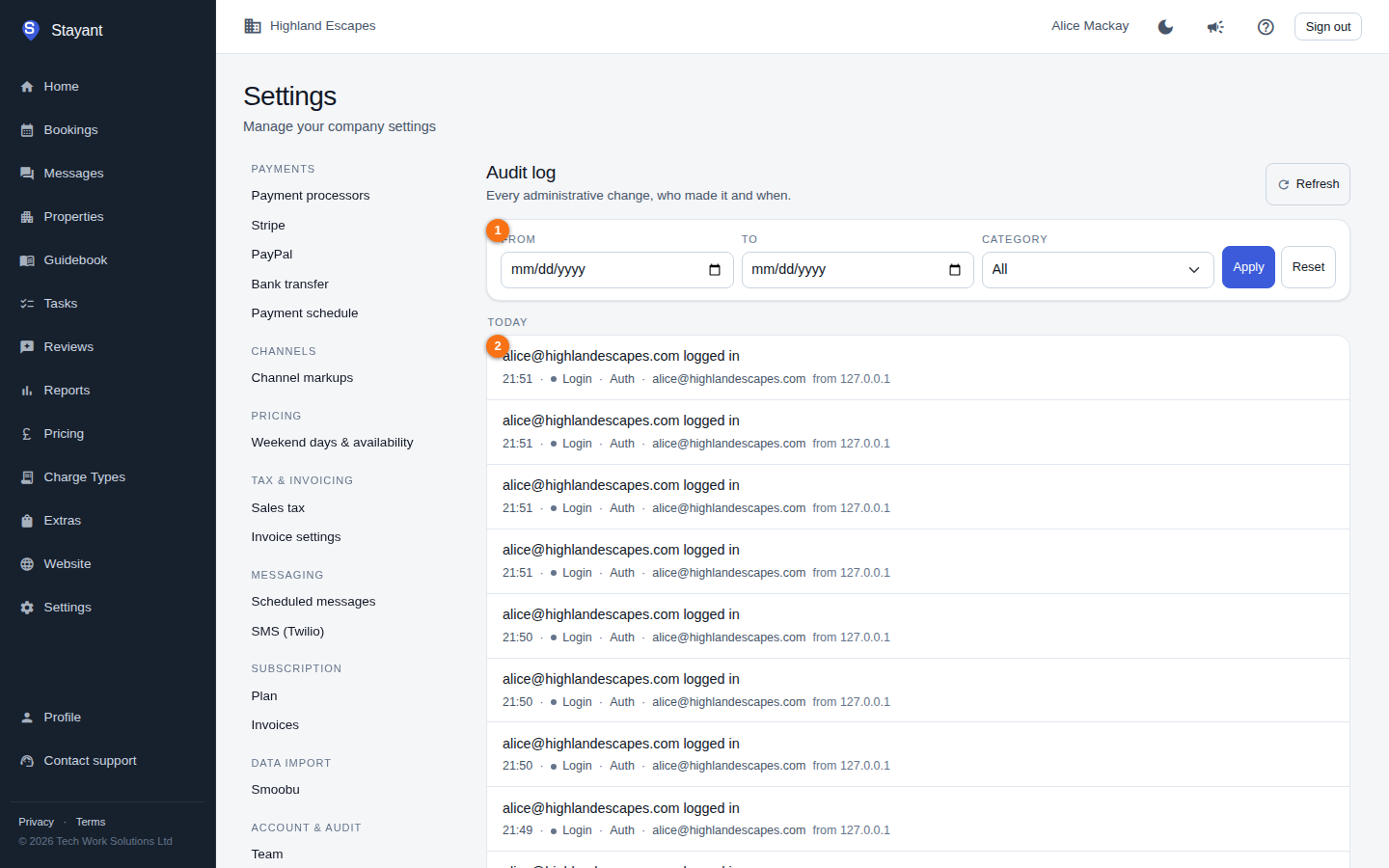 The audit log with the From/To/Category filter card and the day-grouped entries annotated