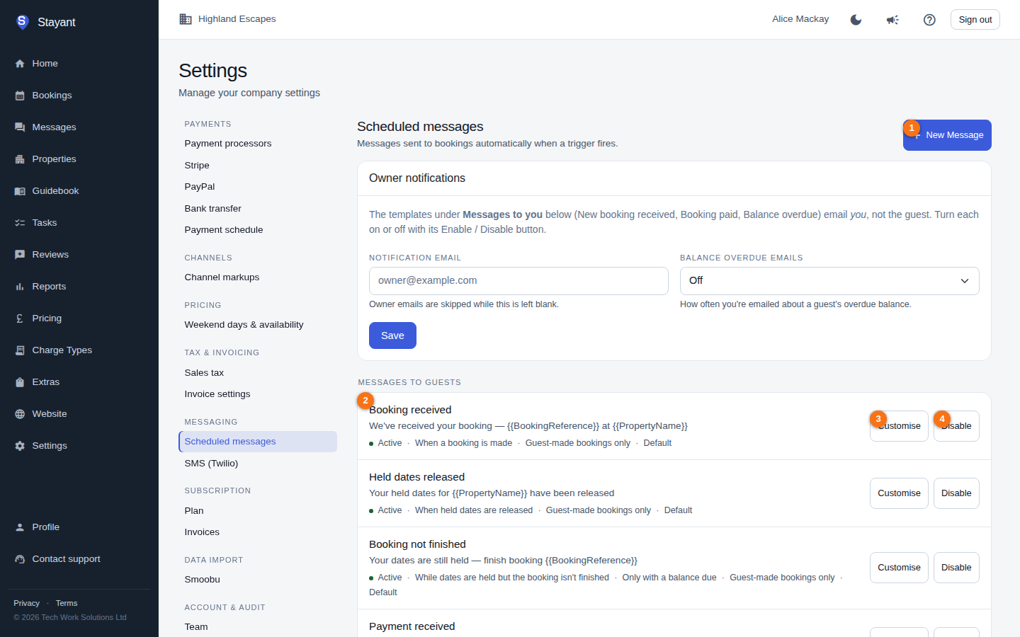 The scheduled messages list under Settings, with the New Message button and the guest messages list annotated, plus the Customise / Disable actions on a default