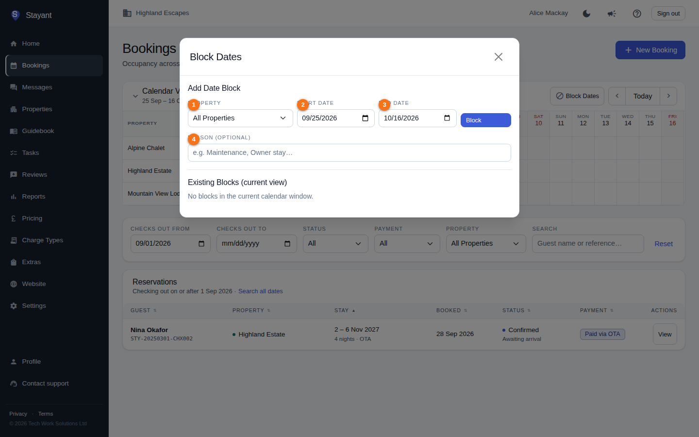 The Block Dates dialog with the Add Date Block form