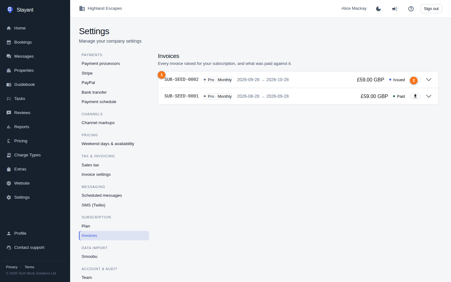 The Invoices page listing subscription invoices, with the invoice list and a row's download button highlighted