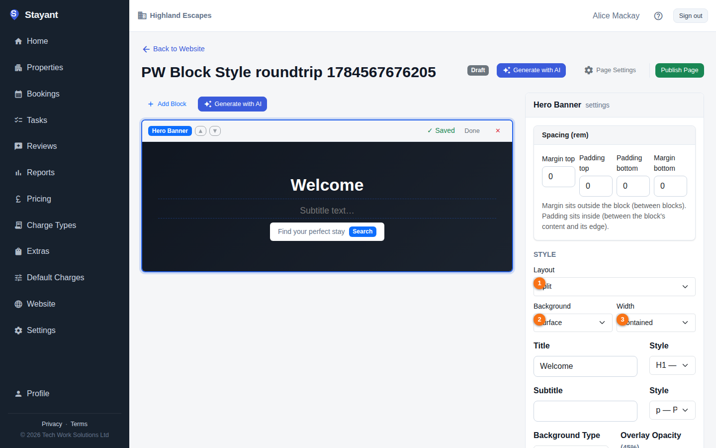 The Style panel — Layout, Background, and Width selects, shown here set to Split / Surface / Contained on a Hero block