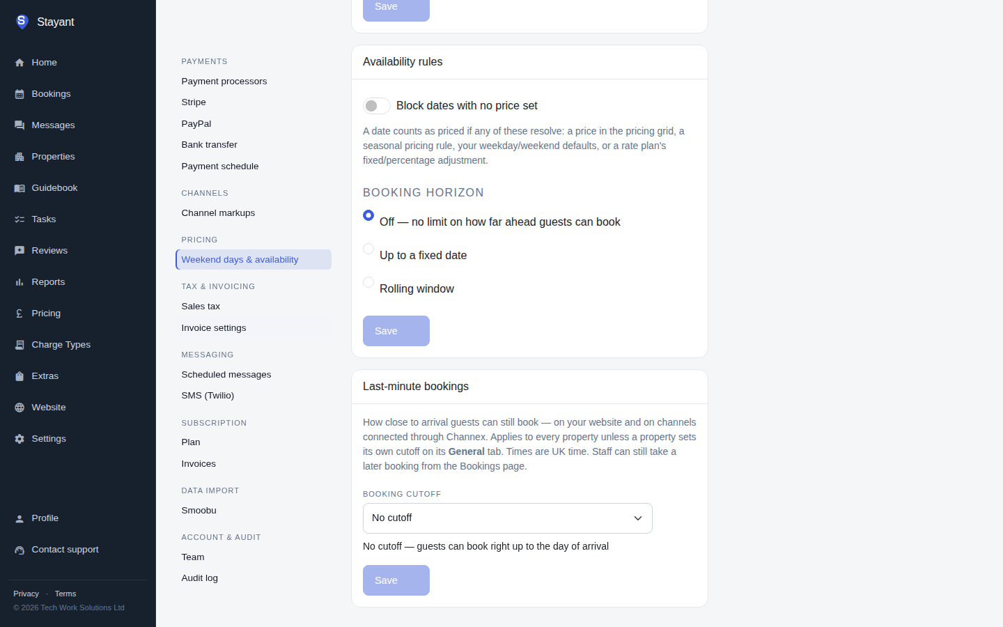 The Availability rules card on Settings → Weekend days & availability, showing the block-unpriced-dates toggle and the three booking-horizon options
