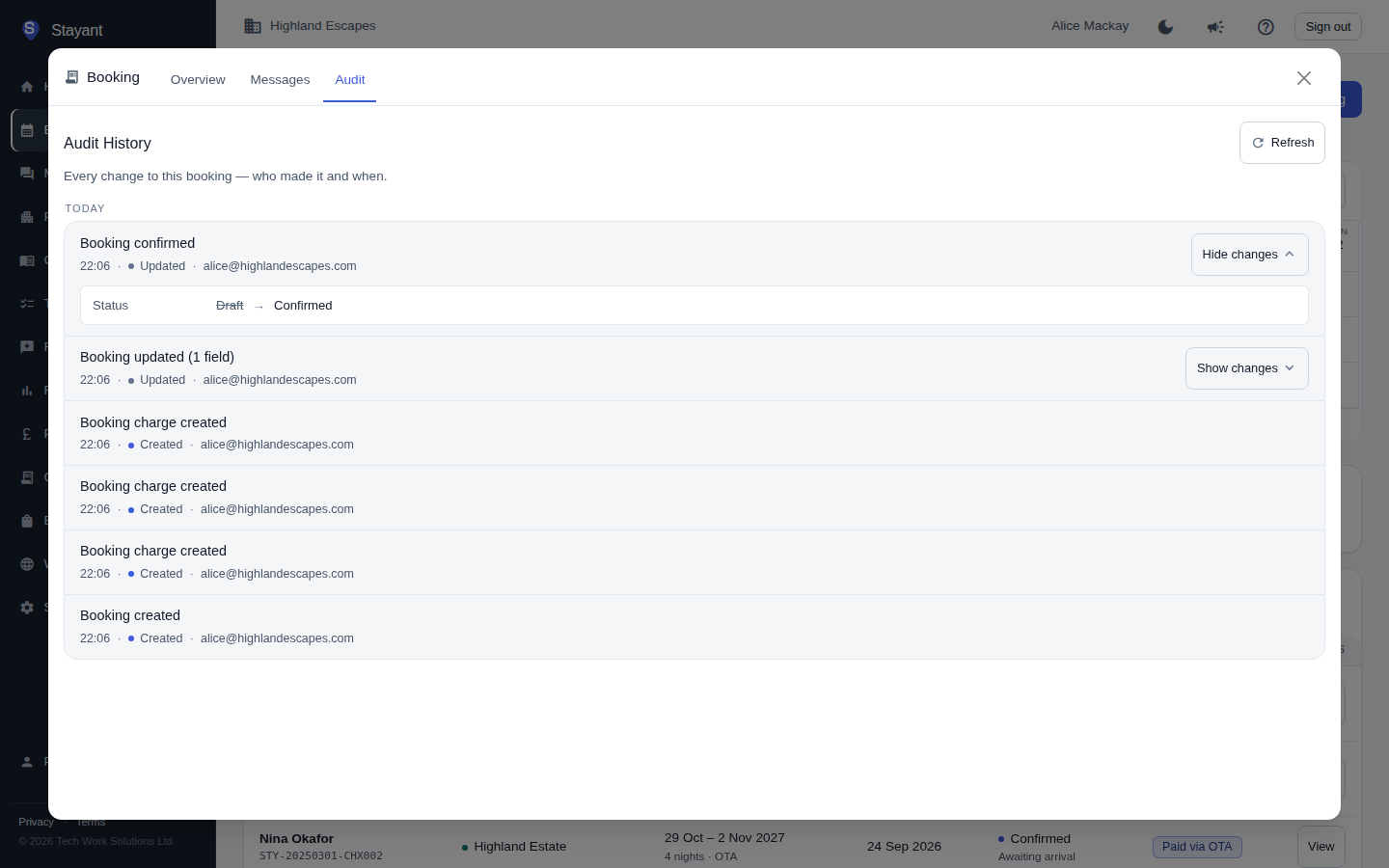 The Audit tab on a booking showing the day's events, one expanded to show a status change from Draft to Confirmed