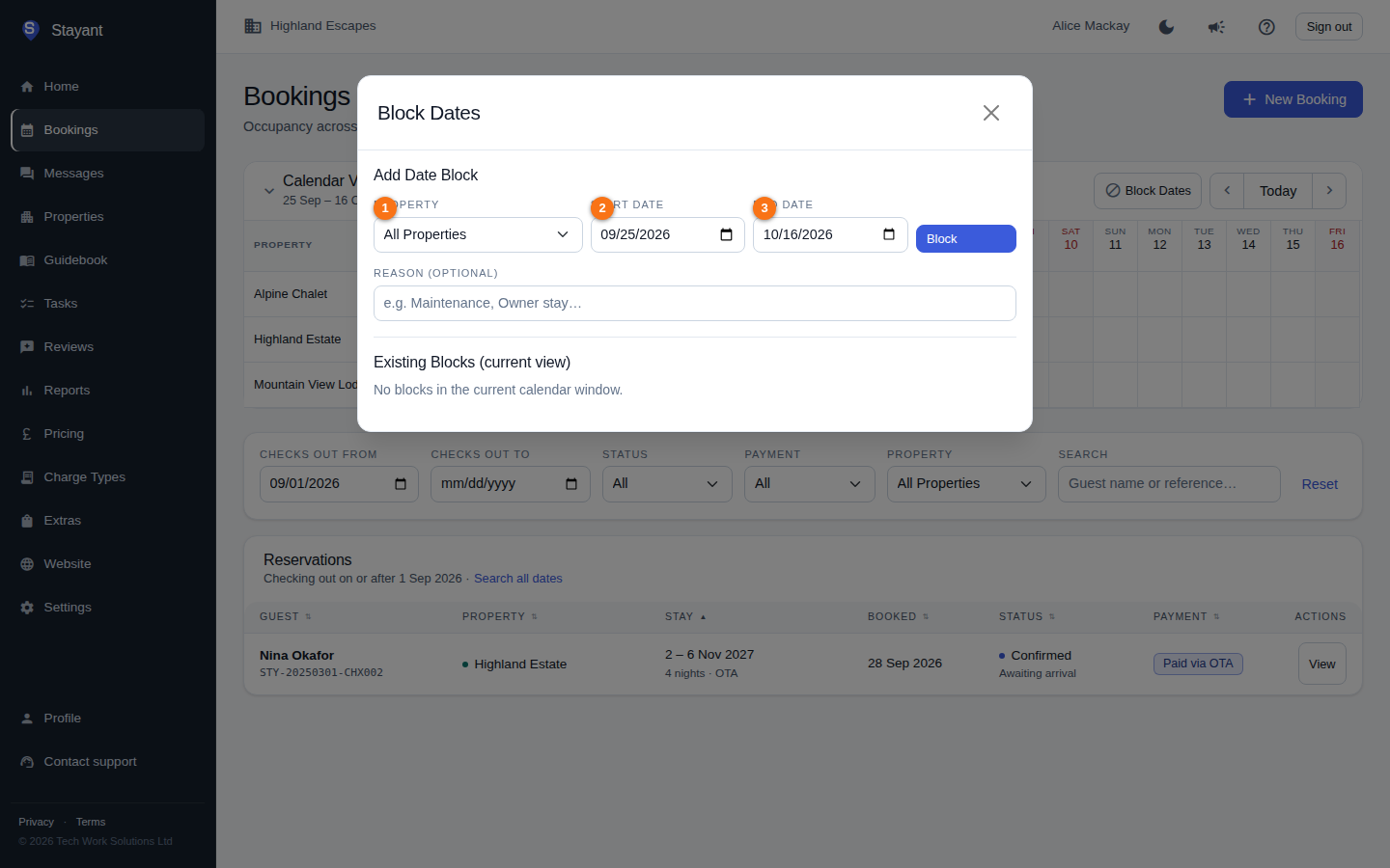 The Block Dates dialog with the Property, Start Date, and End Date fields