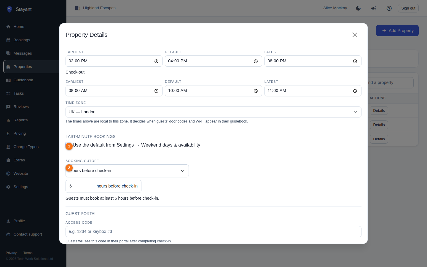 A property's own booking cutoff in the General tab edit form