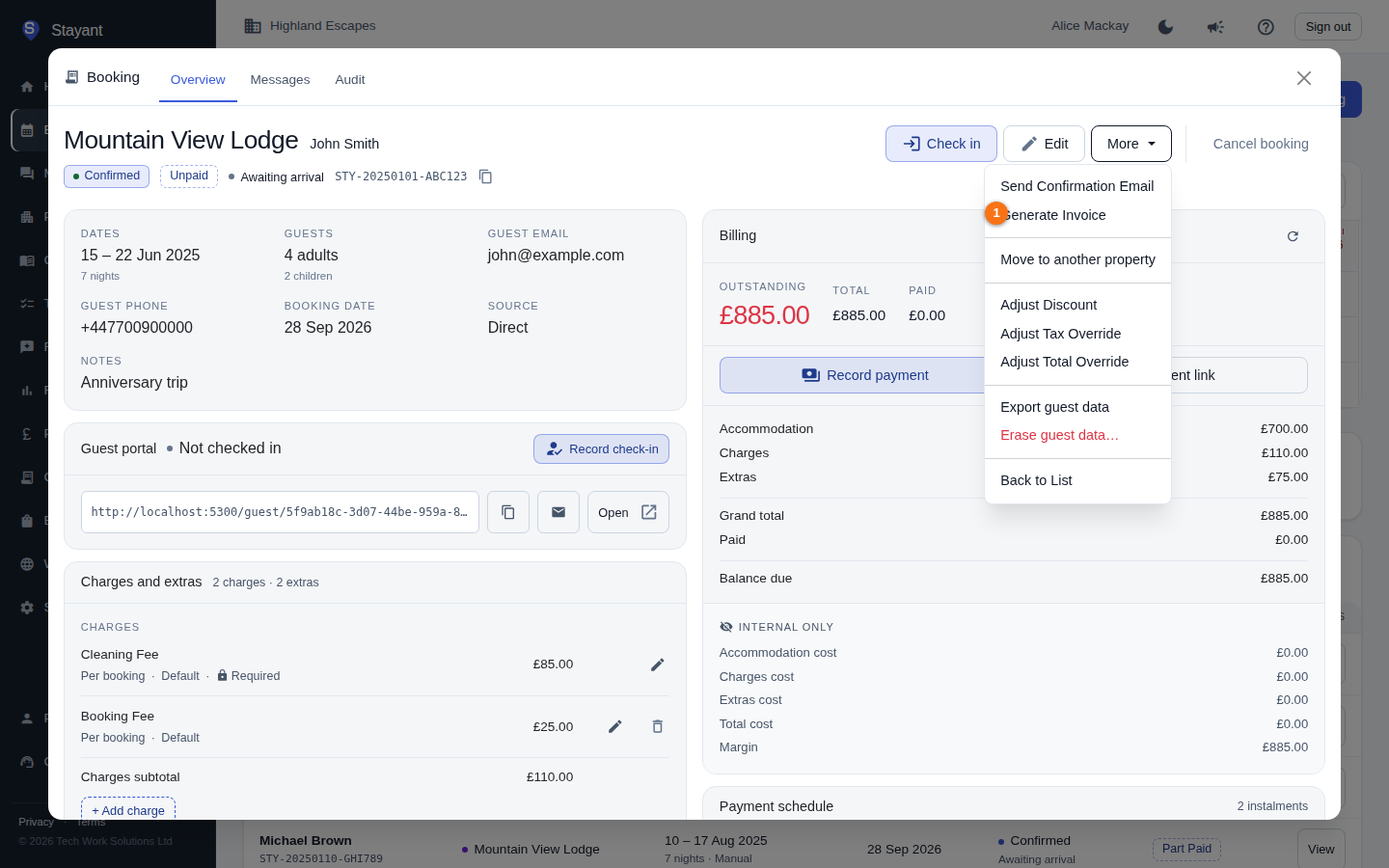 The More menu open, showing the Generate Invoice option