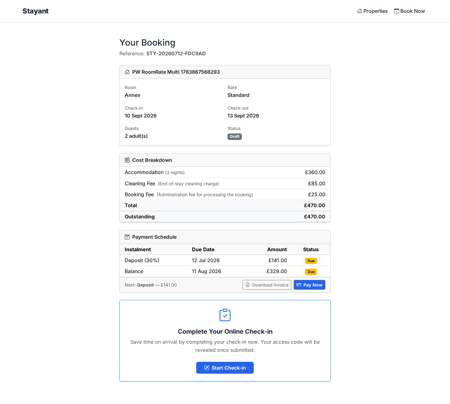 The guest portal showing Room and Rate fields next to the stay dates
