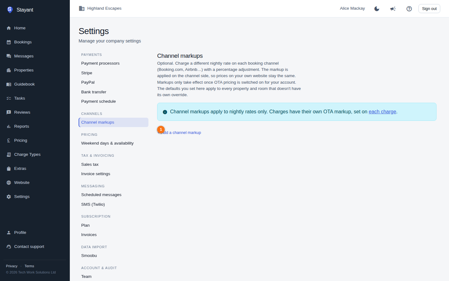 The Channel markups editor on the Settings page, with the Add a channel markup control highlighted