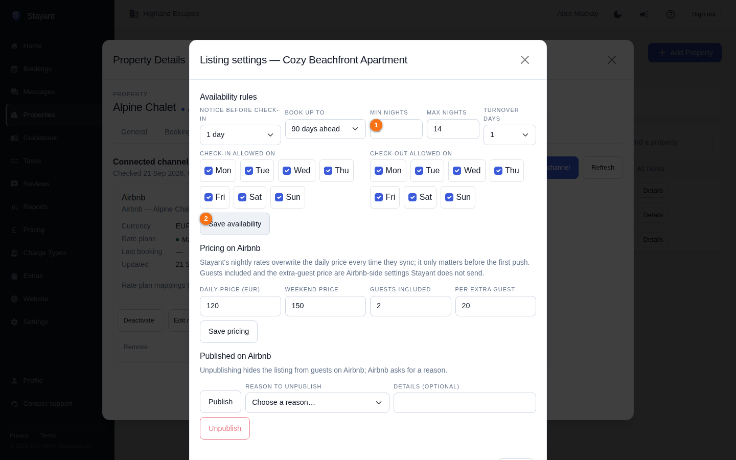 The listing settings dialog for a mapped Airbnb listing