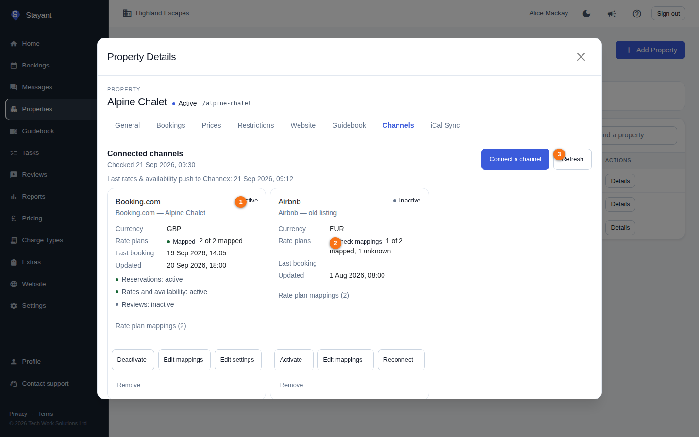 Connected channels cards for a property