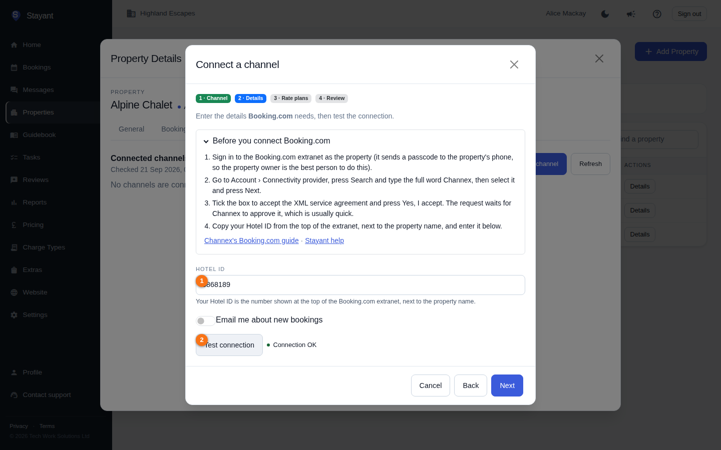 The Details step of the Connect a channel wizard, with a tested Booking.com hotel id