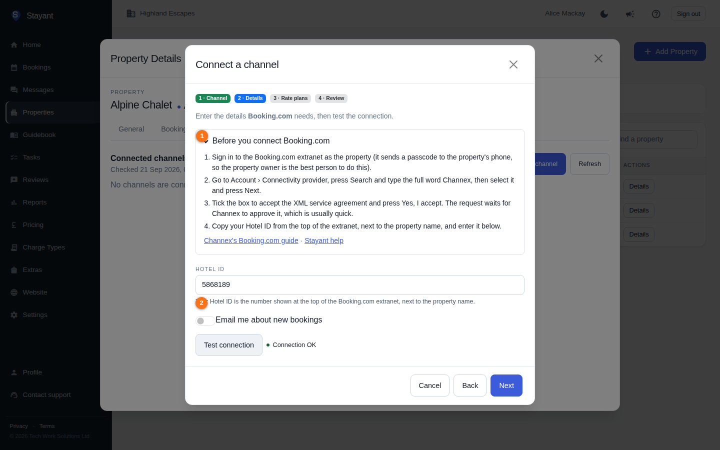 The Before you connect panel on the Details step, listing what to do in the Booking.com extranet first