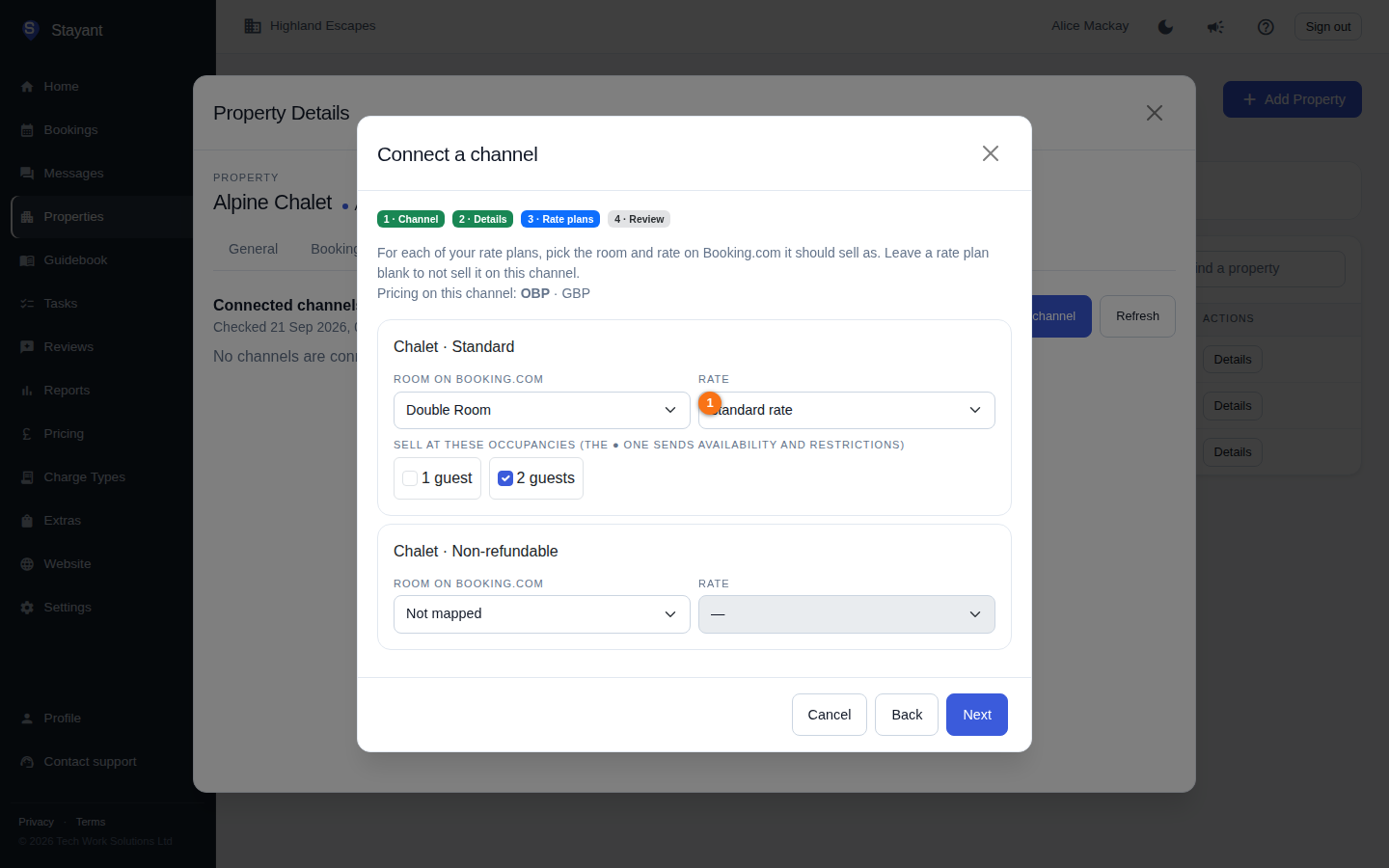 The Rate plans step, mapping a Stayant rate plan to a Booking.com room and rate