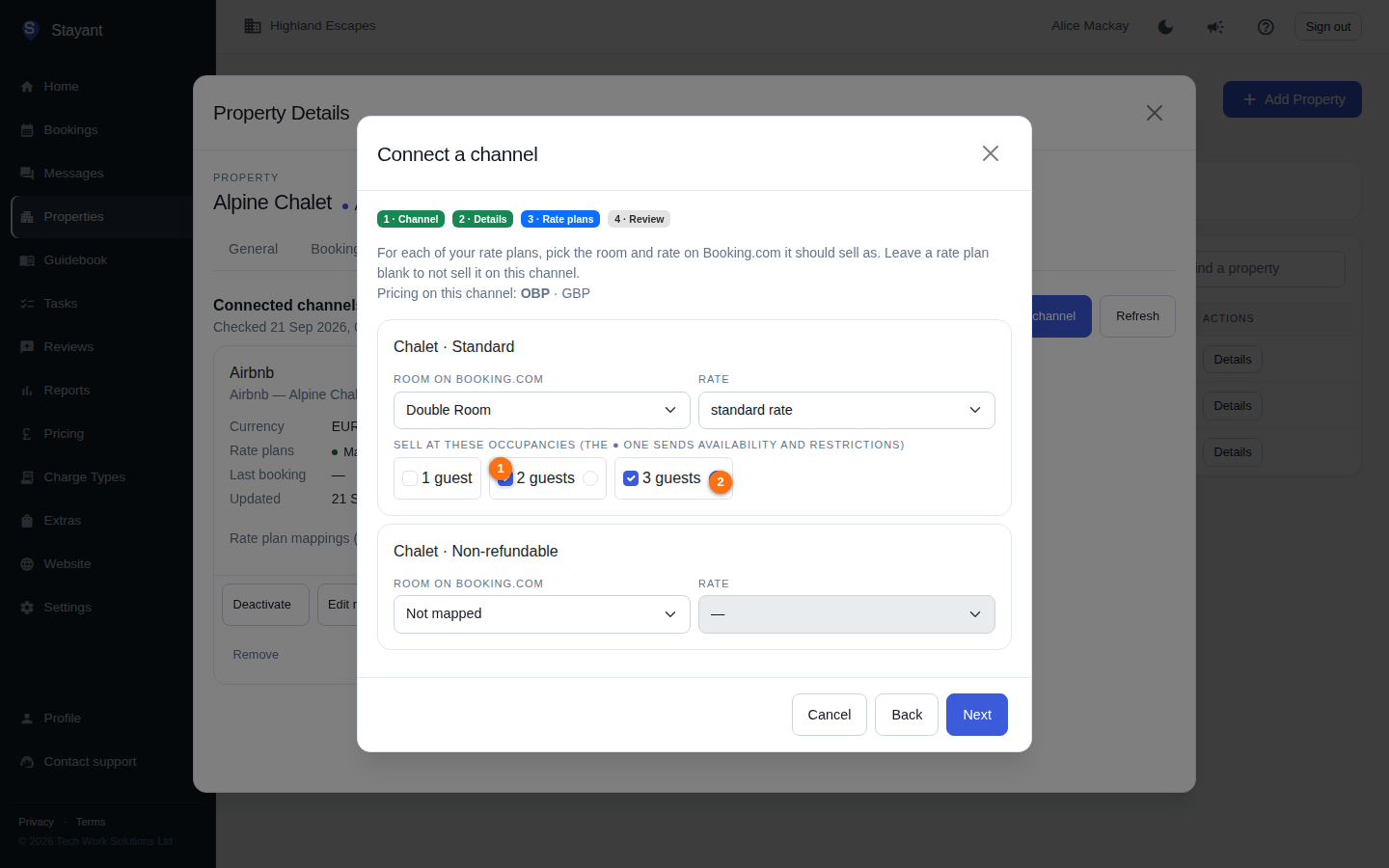 A Booking.com rate ticked at two occupancies, with the primary one marked