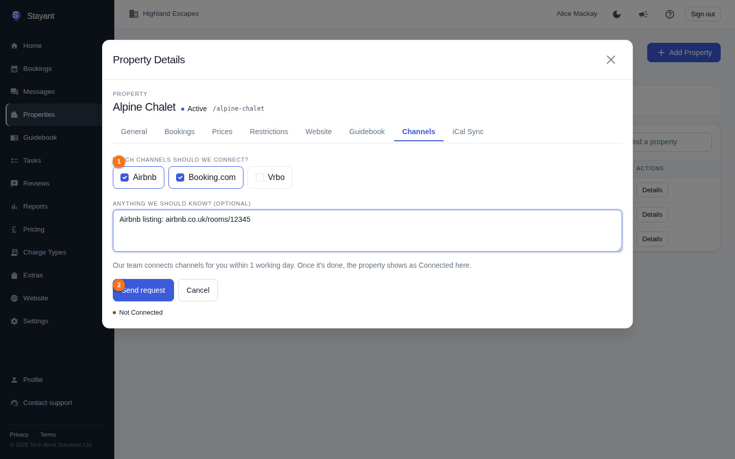 The Set up channels form on a property's Channels tab, with Airbnb and Booking.com ticked