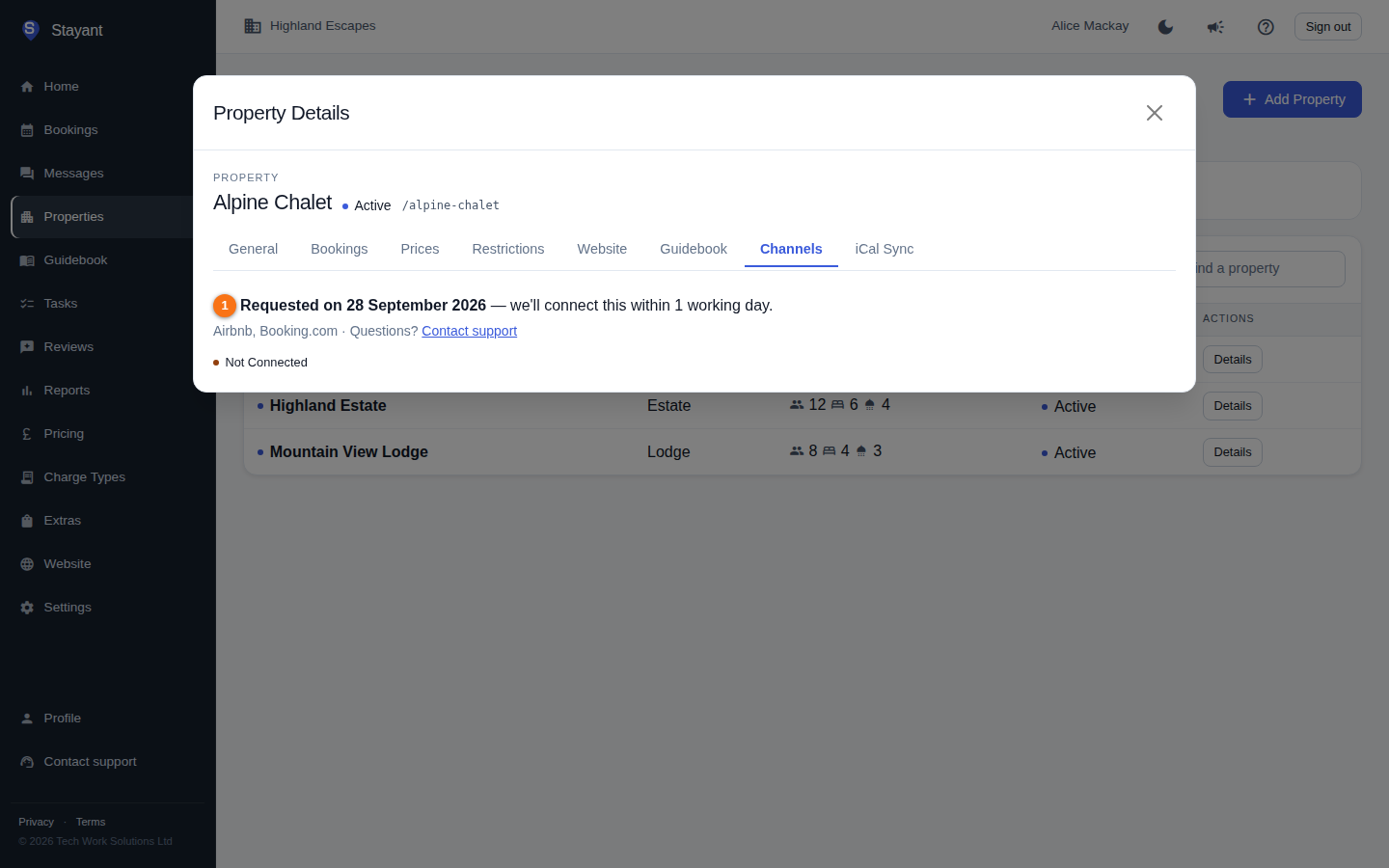 A property's Channels tab after the request was sent, showing the date it was requested