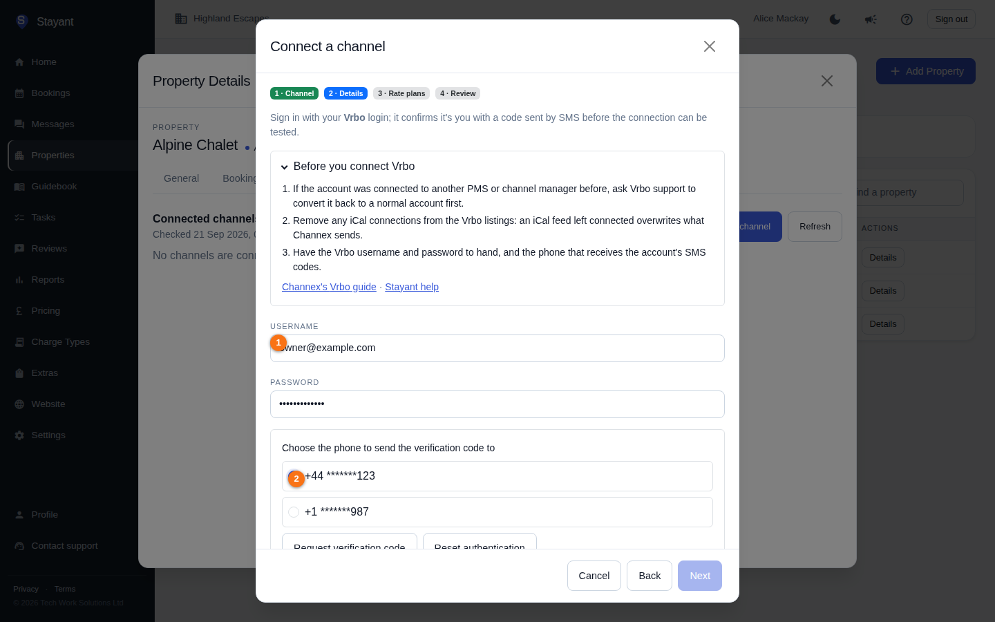 The Details step for Vrbo after Authenticate, listing the phones for the verification code