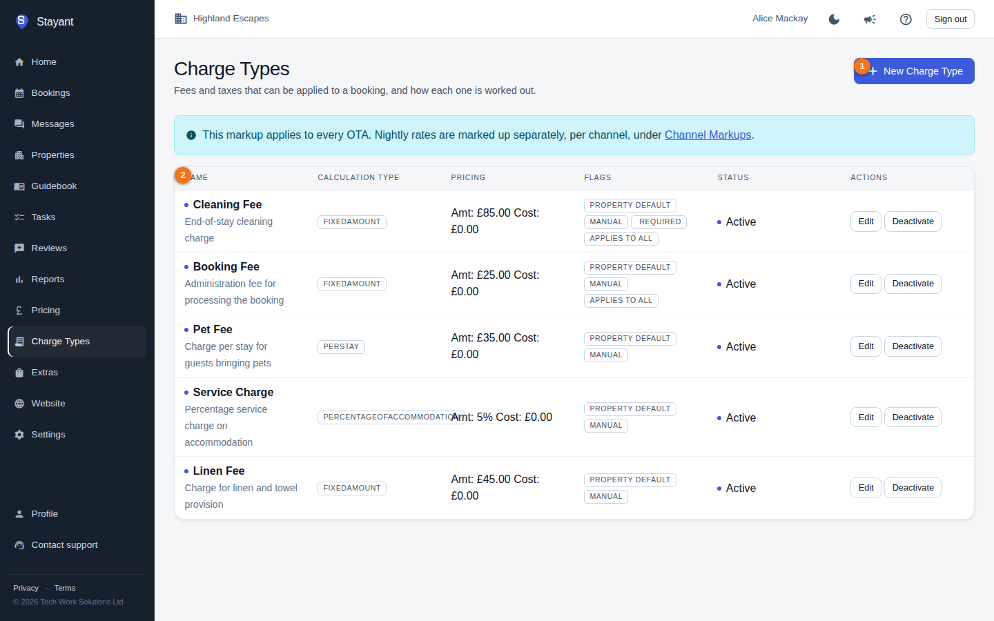 The Charge Types list with the New Charge Type button and the catalogue table