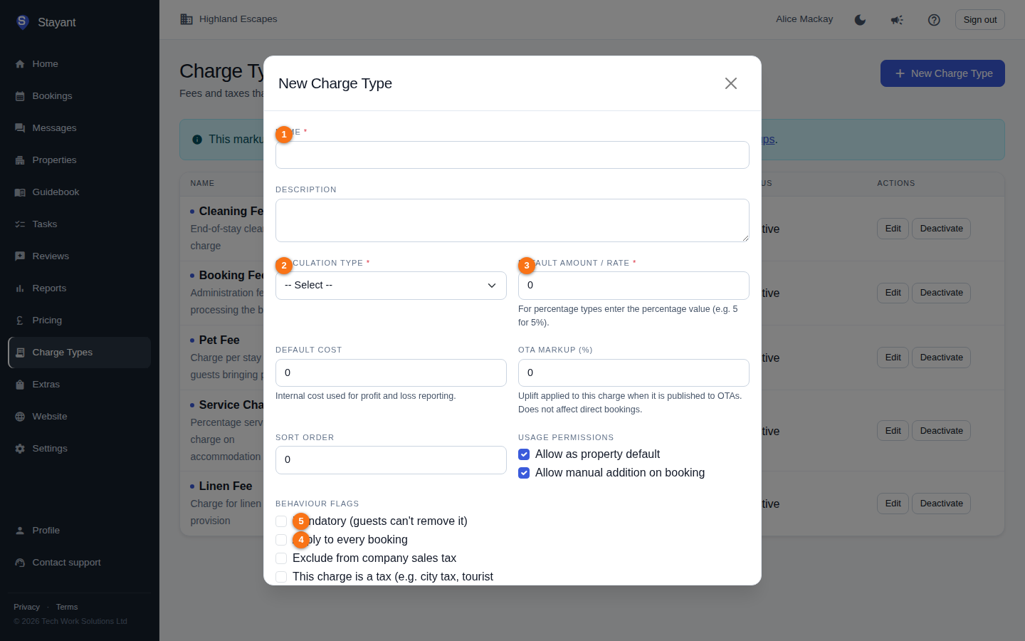 The New Charge Type dialog showing the Name, Calculation Type, and Default Amount fields