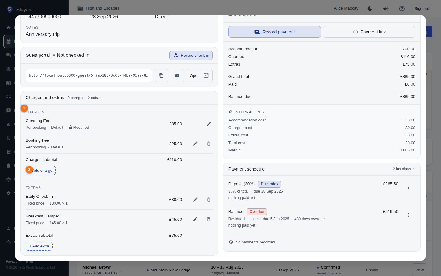 The Charges section of a booking's Charges and extras card, with the + Add charge button