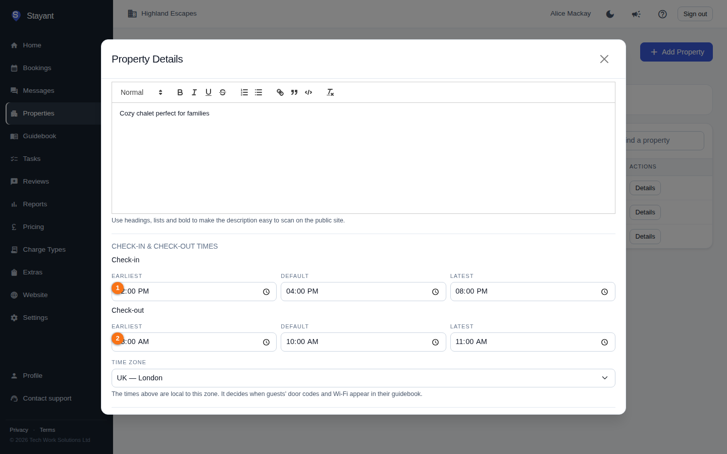 The property General tab in edit mode showing the check-in and check-out time fields
