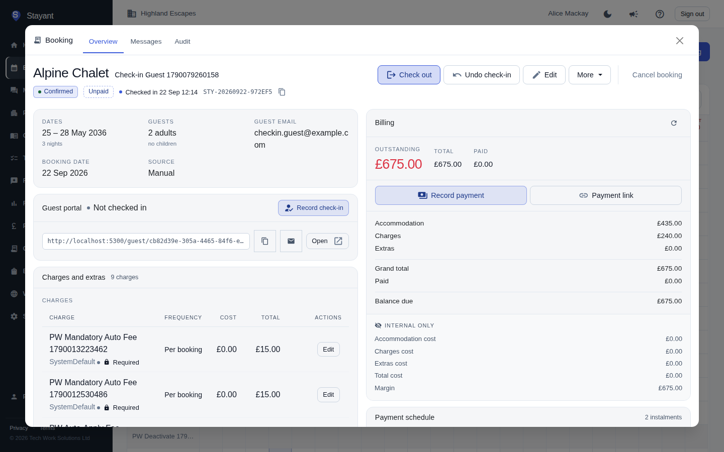 The booking Overview tab with the Checked in stay-status badge and its action buttons