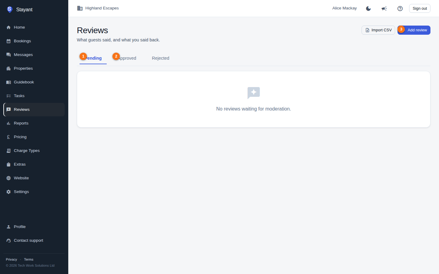 The Reviews page, with the Pending / Approved status tabs and the Add review button