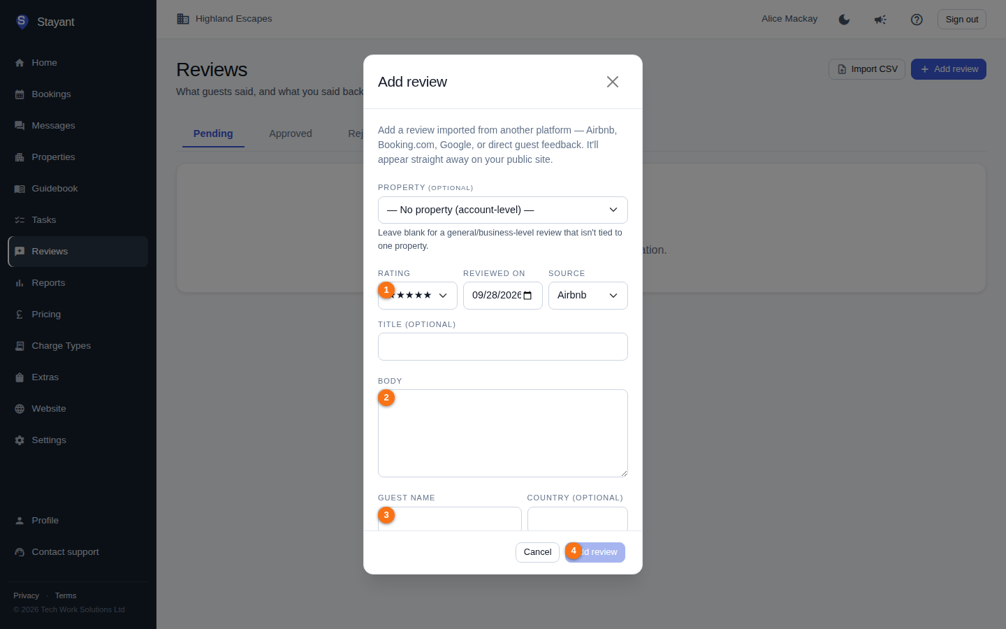 The Add review modal, with the Rating, Body, Guest name fields and the Add review button