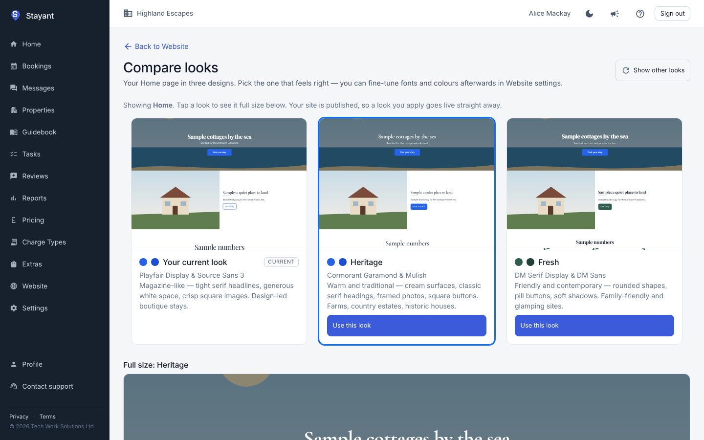 Compare looks showing the Home page in three designs
