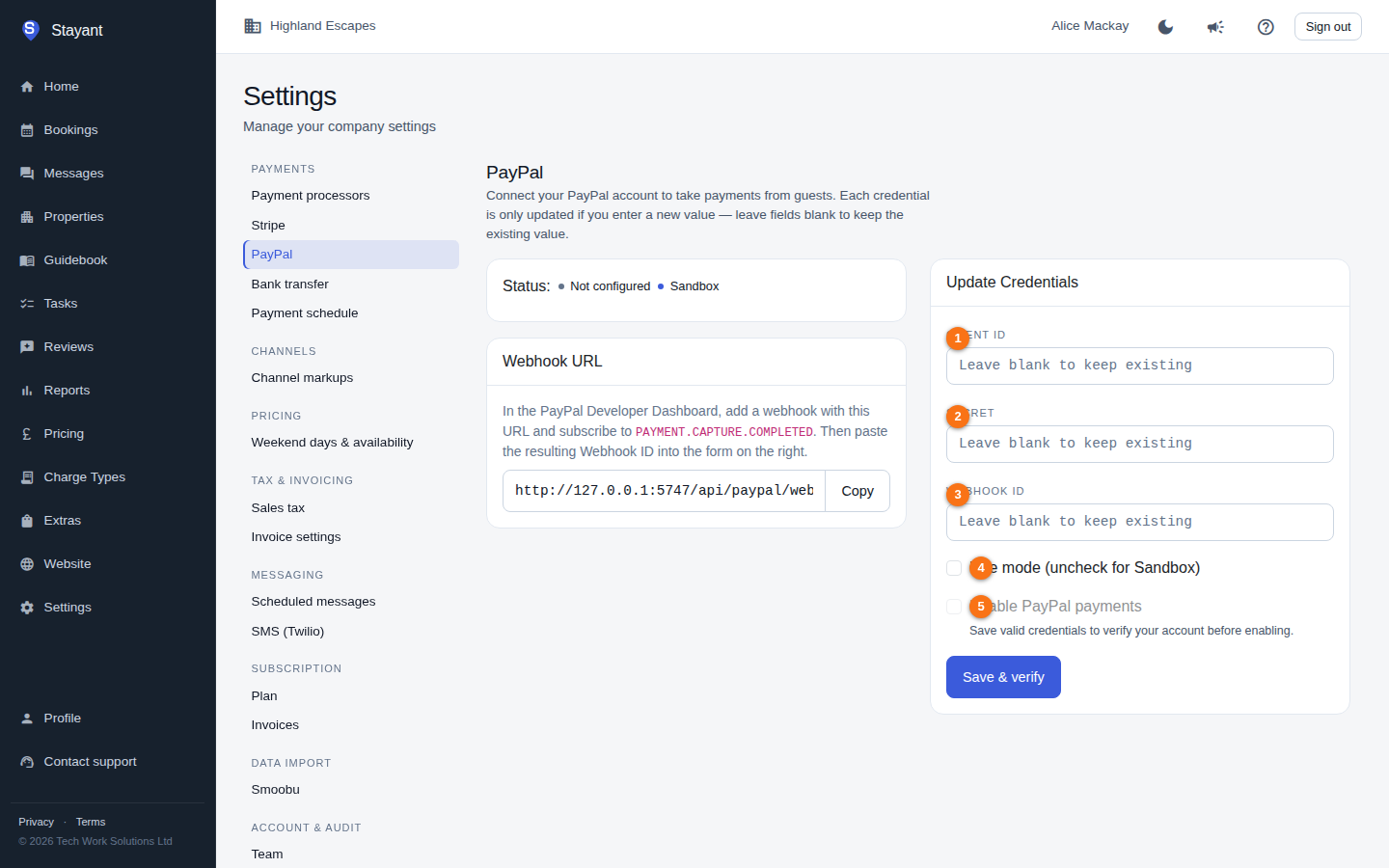 The PayPal settings tab, with the credential fields, the Live mode checkbox, and the Enable toggle highlighted