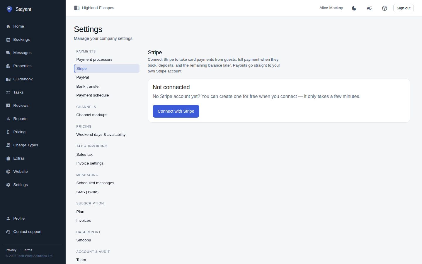 The Stripe settings tab before connecting, showing the Connect with Stripe button