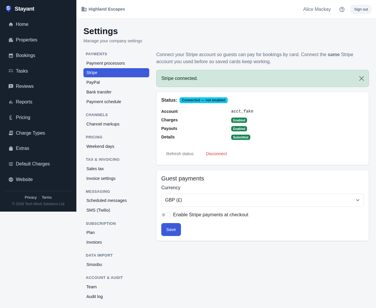 The Stripe settings tab just after connecting, showing the status card, Refresh status, Disconnect, currency, and the Enable toggle