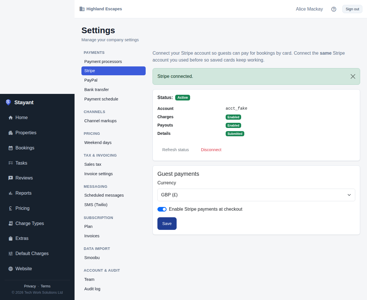 The Stripe settings tab fully connected and active, with the Enable toggle on and the status badge reading Active