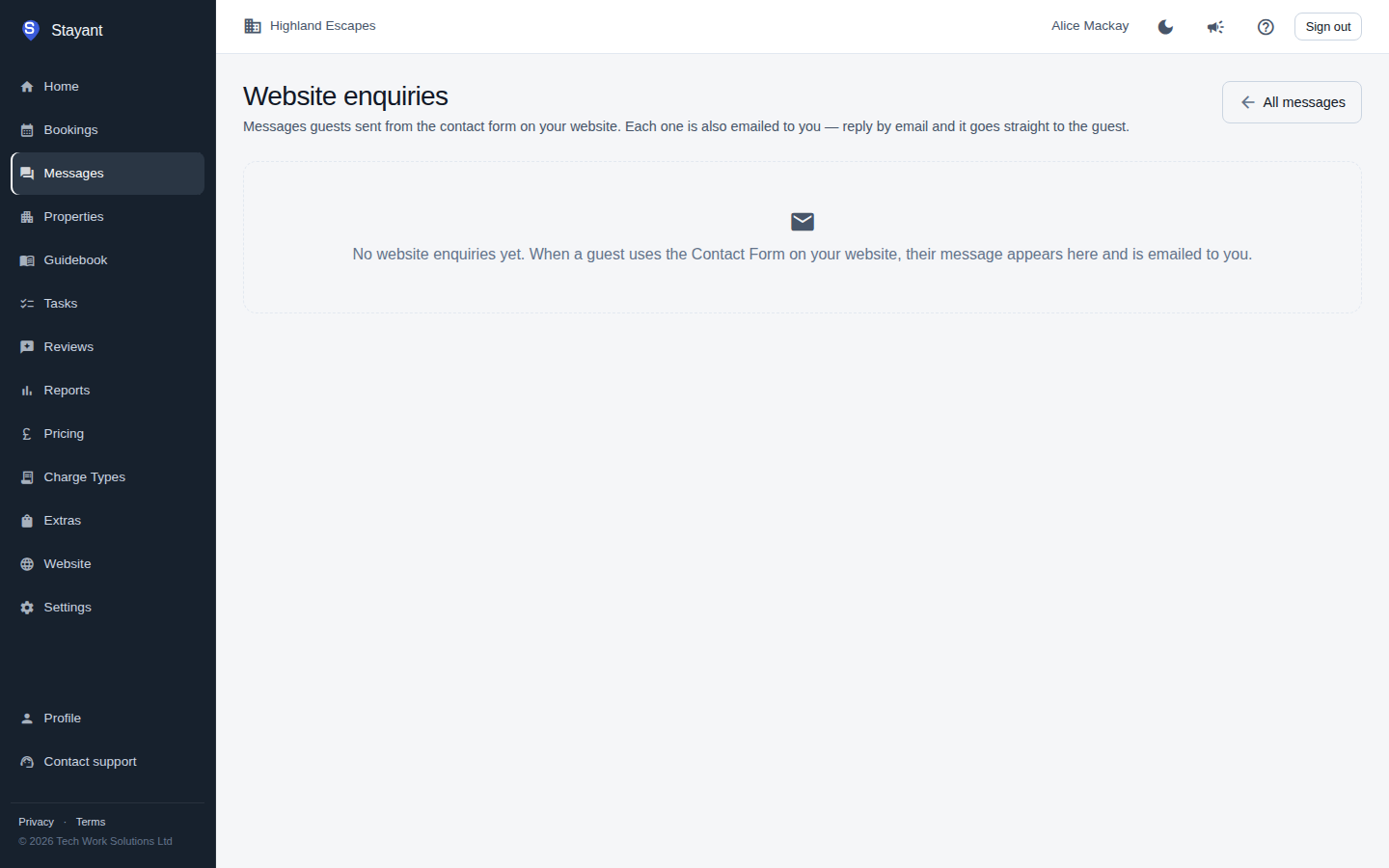 The Website enquiries list with one enquiry open