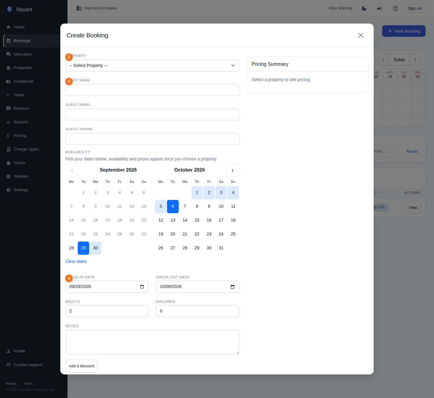 The Create Booking dialog with the Property, Guest Name, and Check-In Date fields