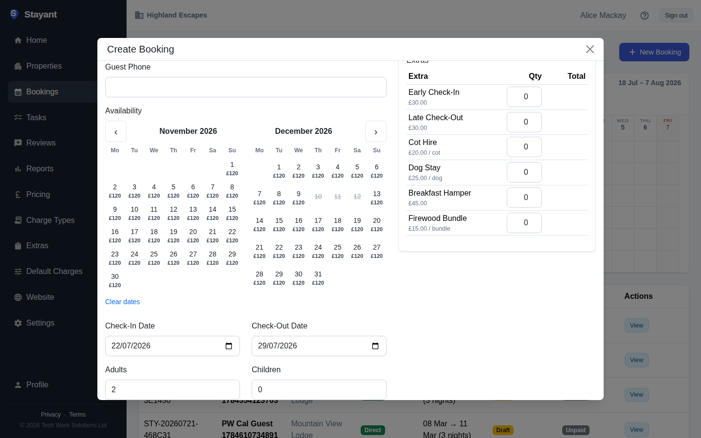 The availability calendar showing per-day prices, a booked range (greyed/struck-through), and minimum-stay detail on hover