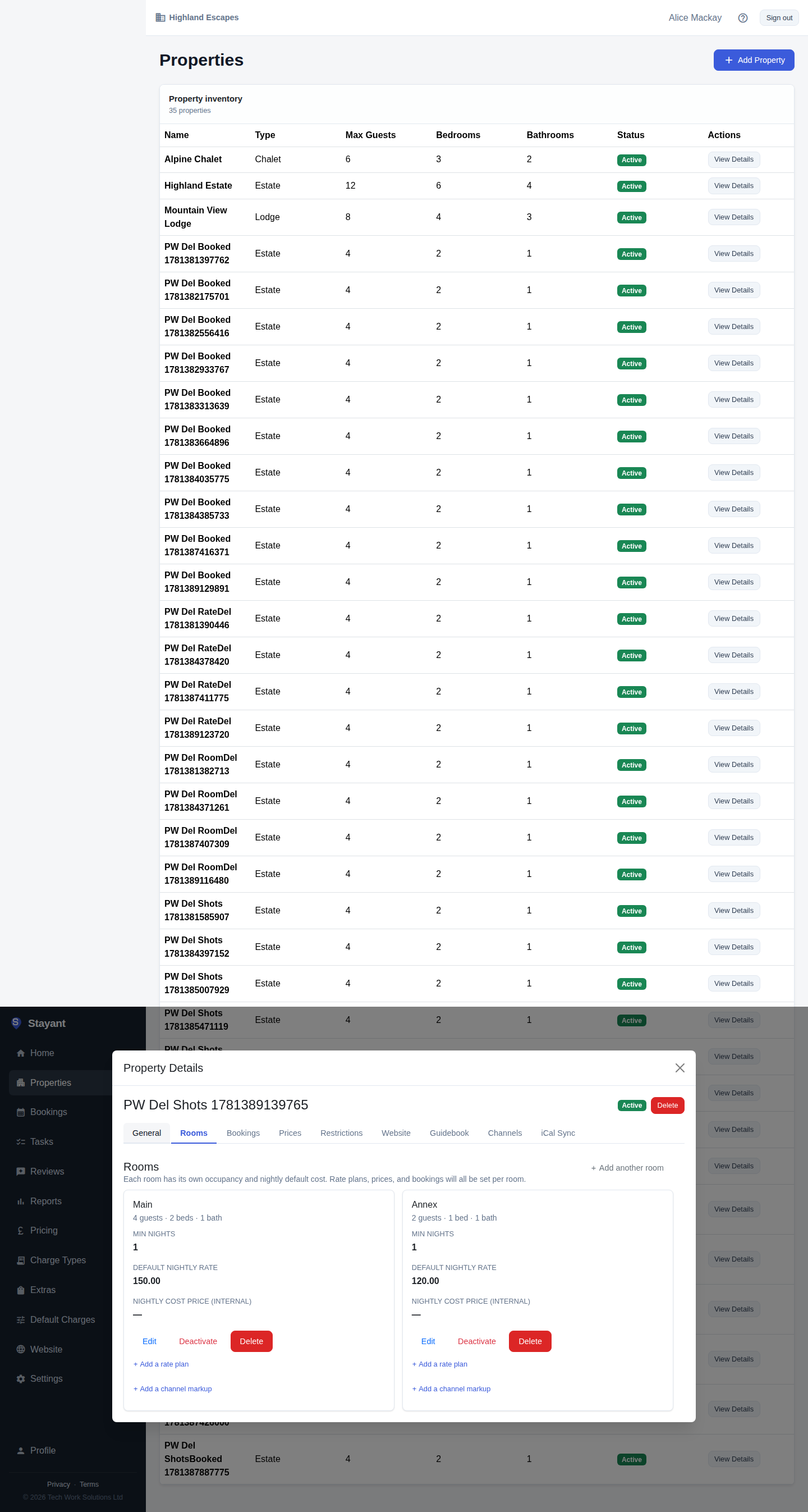 The Rooms tab of a never-booked property, with a Delete button on a room and on the property itself