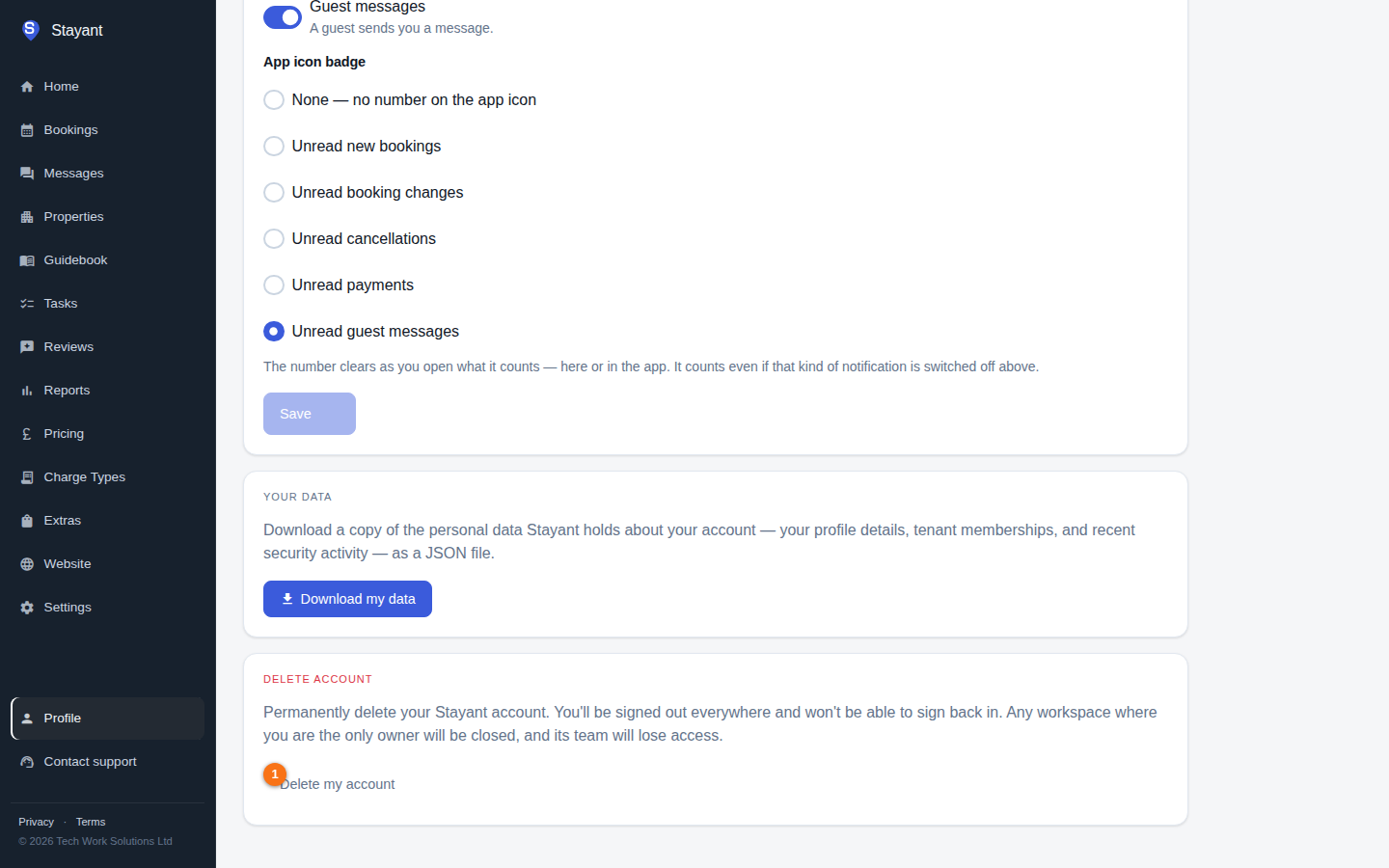 The Delete account card at the bottom of My Profile