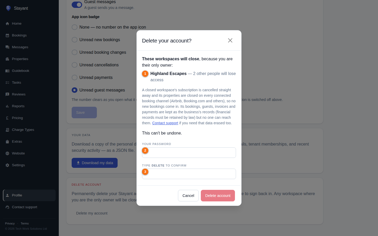 The delete confirmation dialog listing the workspace that will close