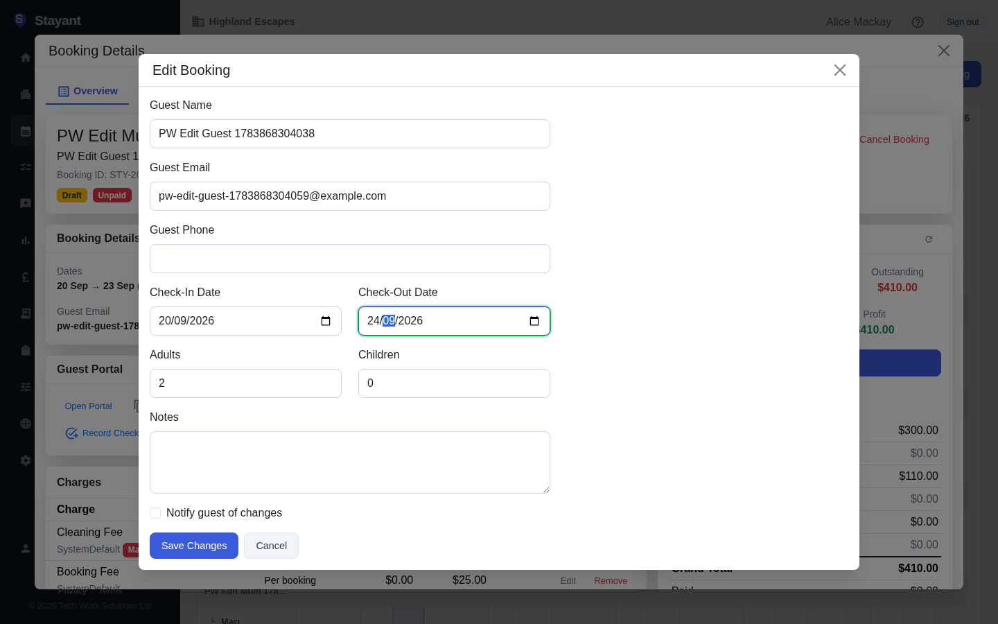 The Edit Booking modal, with the Pricing Summary recomputing after a room and date change