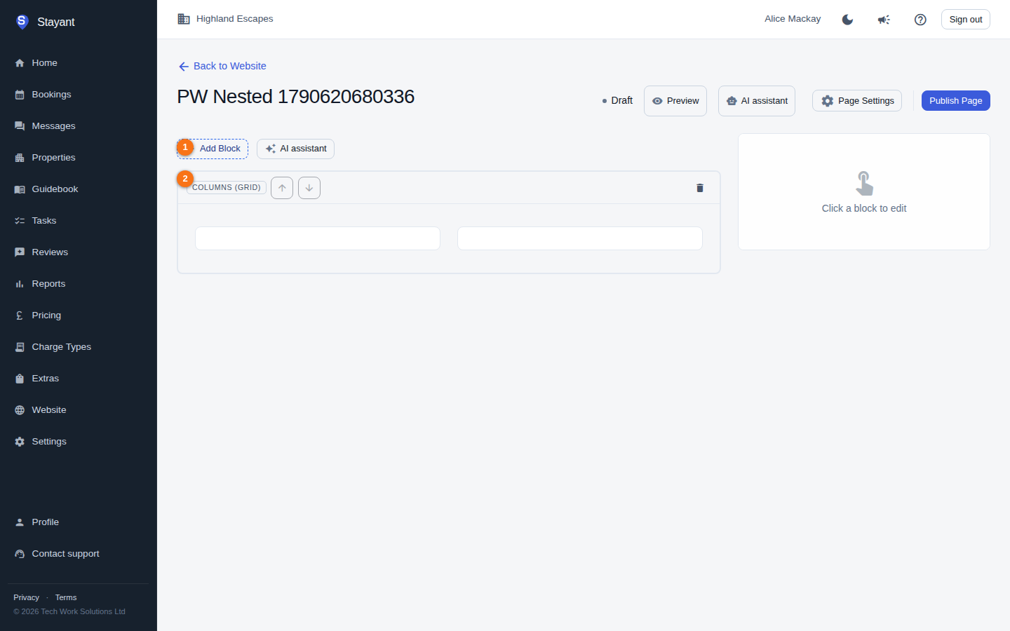 The block editor canvas with the Add Block control and the page's block list