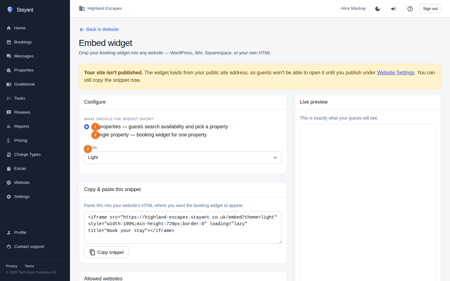 The embed widget Configure card with the All / Single-property options and the Theme selector