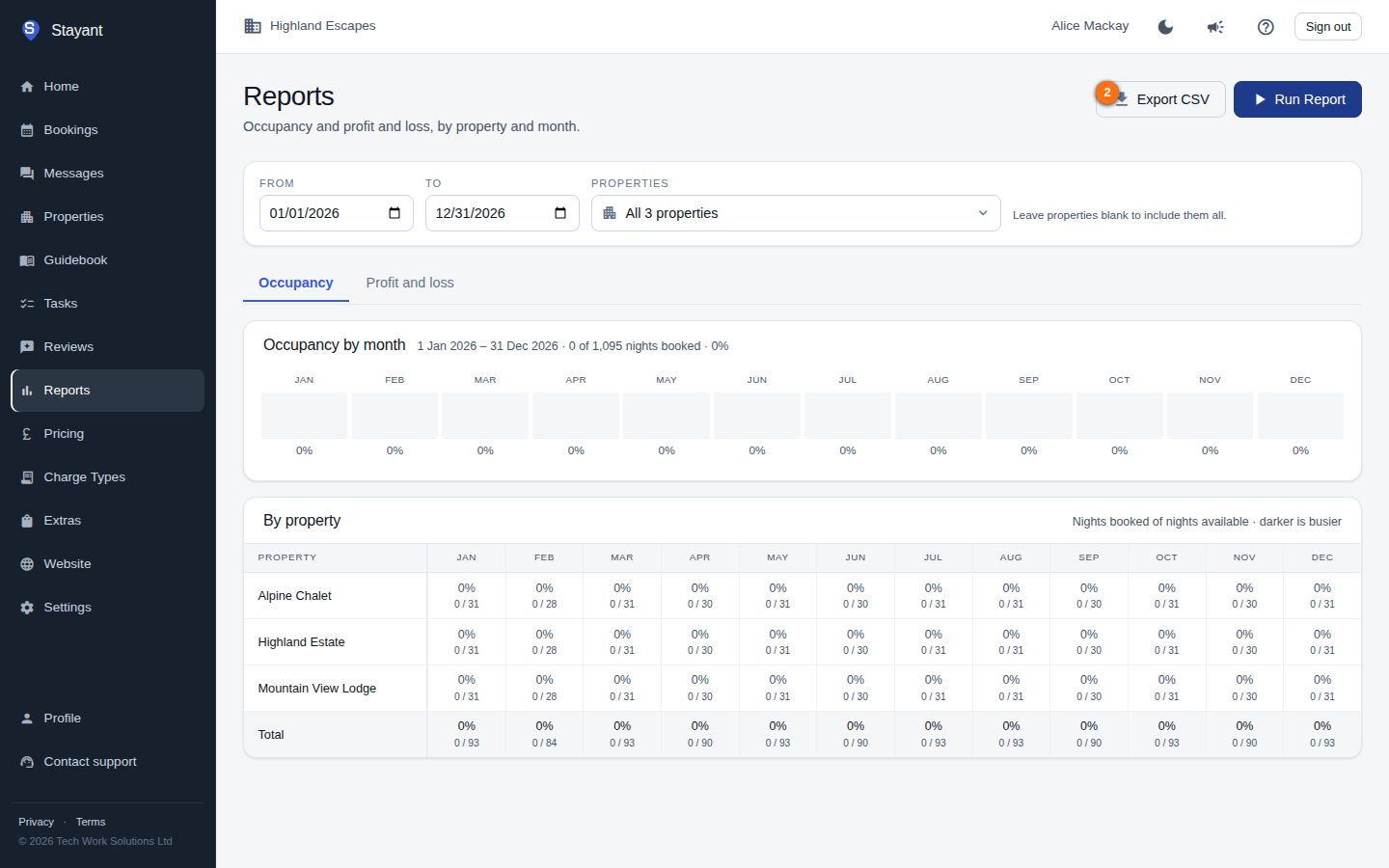 The Export CSV button on the Reports page, shown after running a report