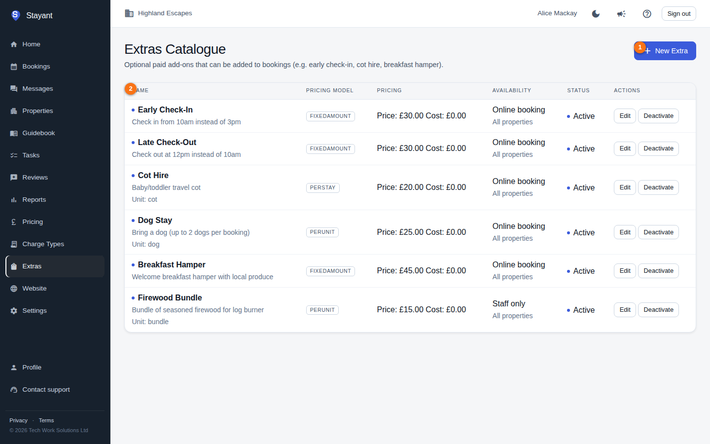 The Extras catalogue list with the New Extra button and the catalogue table